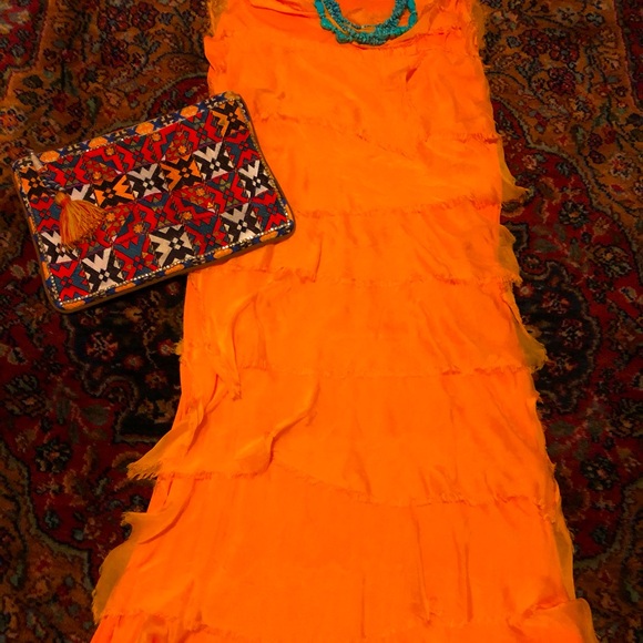 NWT Ilenia M. Italian Silk Ruffled Maxi Dress in Orange Size Medium - Picture 6 of 6
